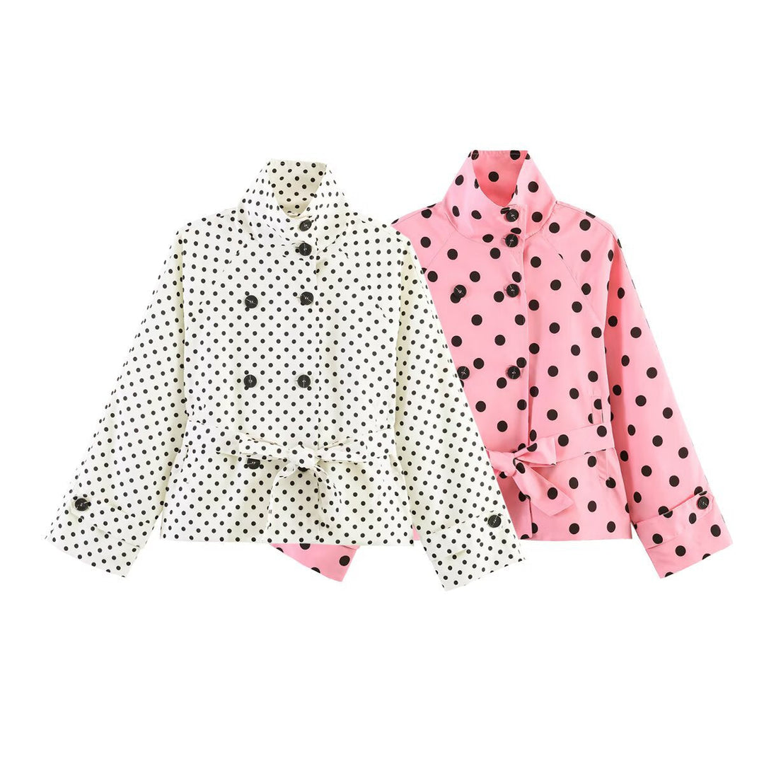 Dam Kort Skärning Raincoat med Prickig Prick Mönster och Tie Belt
