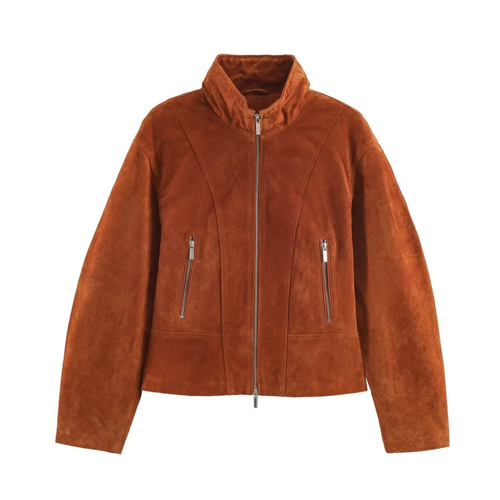 Dam Kort Skärning Suede Jacka i Blouson Stil med Tailored Darts och Metal Zippers