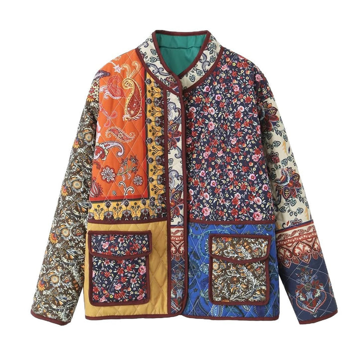 Dam Oversize Patchwork quiltad jacka med ståkrage och påsydda fickor