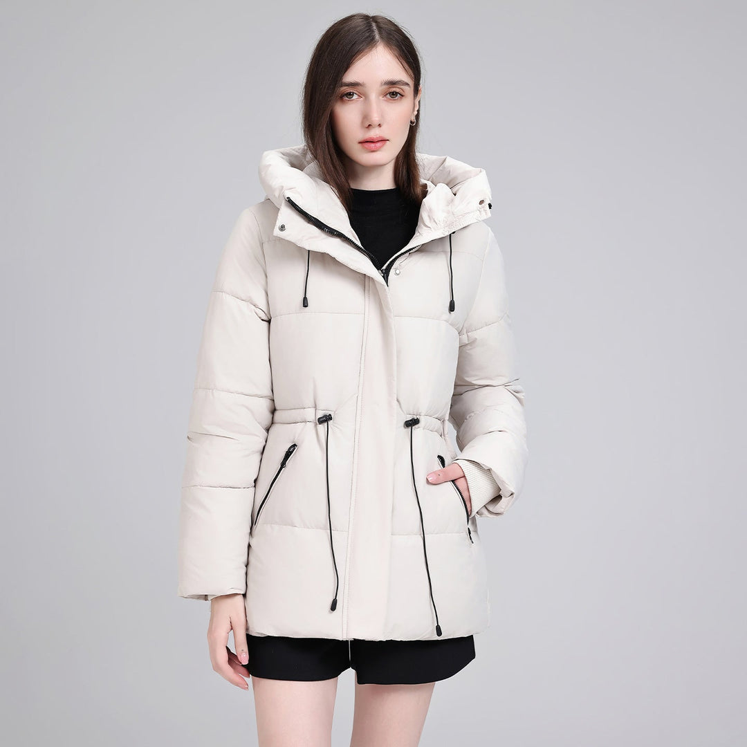 Dam vadderad Mid-Length Parka med huva, Drawstring Waist och dragkedja fickor