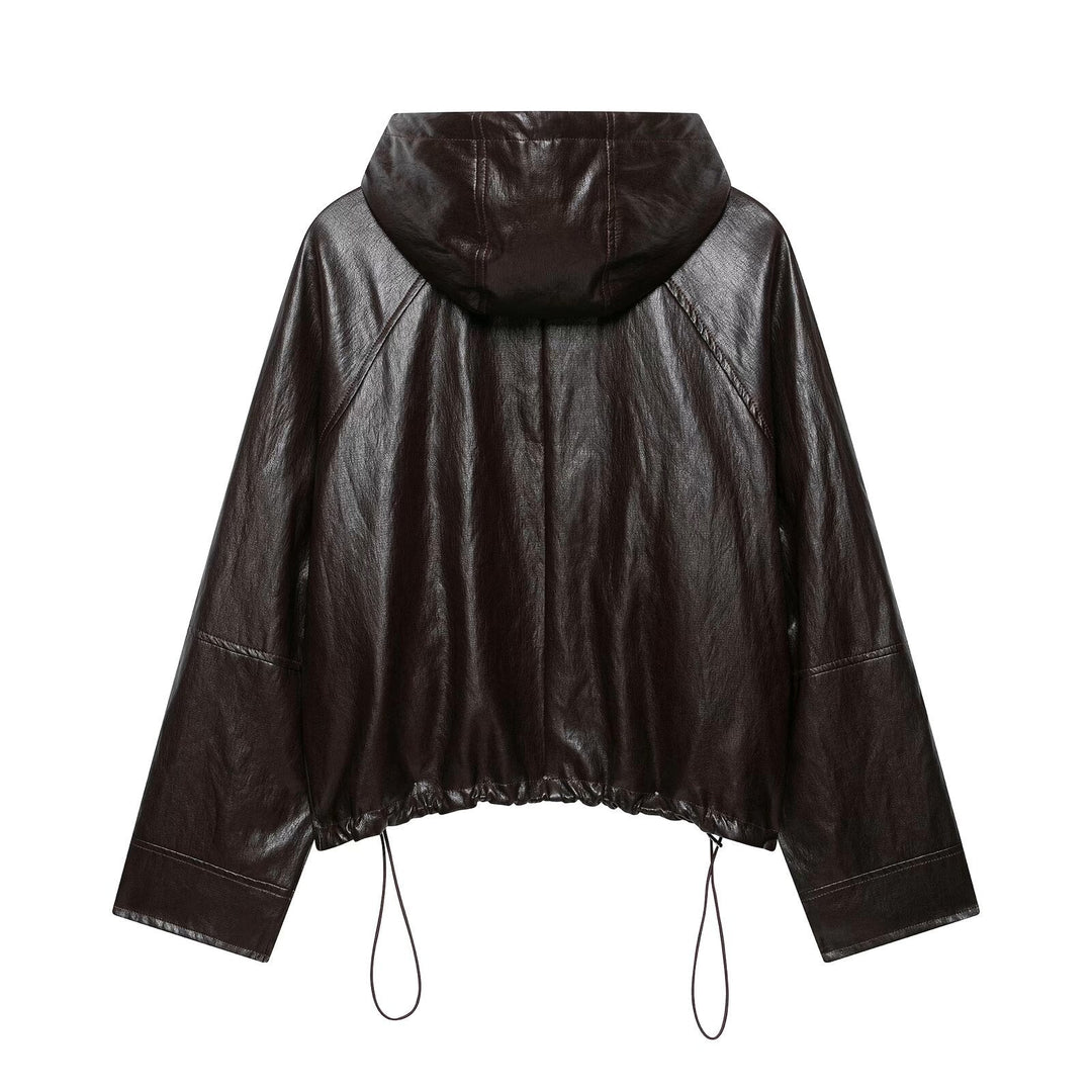 Dam Kort Huvtröja Jacka i Konstläder med Drawstring Raglan Ärmar och Dragkedja