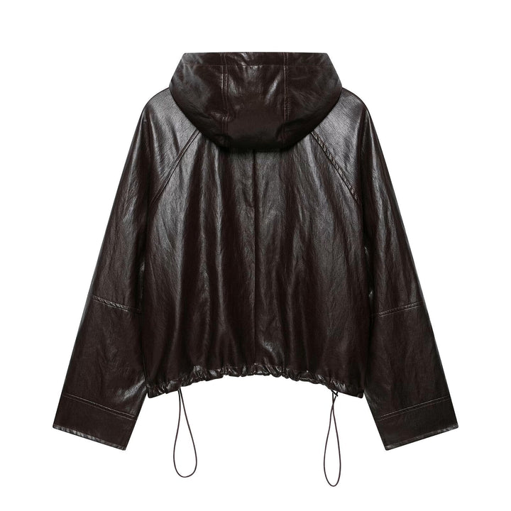 Dam Kort Huvtröja Jacka i Konstläder med Drawstring Raglan Ärmar och Dragkedja