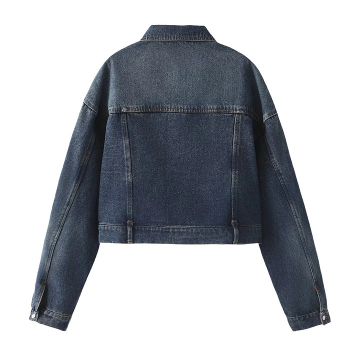 Dam Oversize Cropped jeansjacka med Heart Patch och påsydda fickor