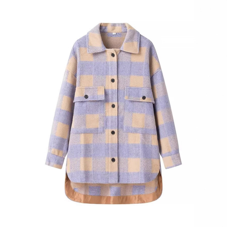 Dam oversize skjortjacka in rutig med stor Flap fickor och Curved fåll
