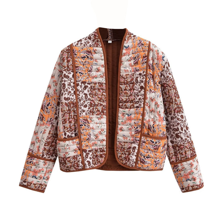 Dam Quiltad Patchwork Quiltad Jacka med Blommig Tryck, Open Kimono Silhuett och Patch Fickor