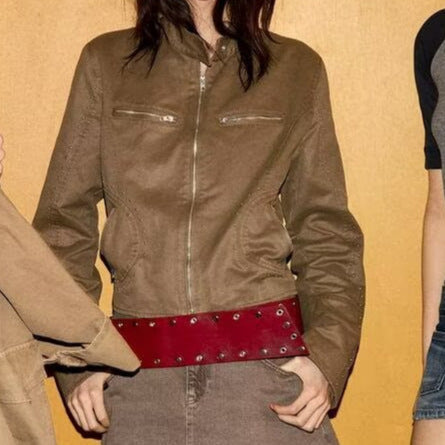 Dam Kort Blouson i Velour Look med Stå Krage, Dragkedja och Dekorativ Studs
