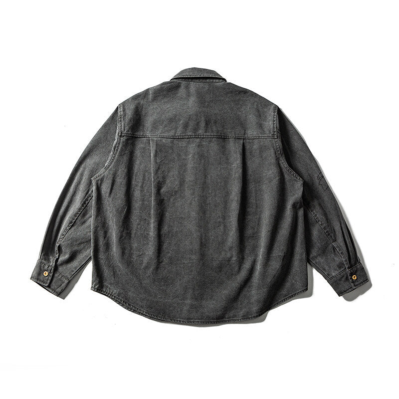 Unisex Oversized Skjorta Jacka med Embroidered Leaf Motifs och Rounded Fåll