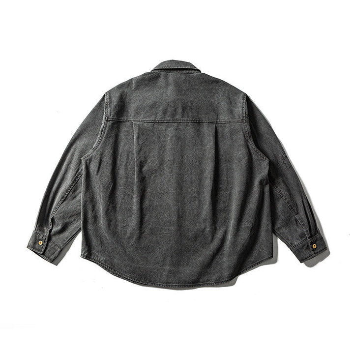 Unisex Oversized Skjorta Jacka med Embroidered Leaf Motifs och Rounded Fåll