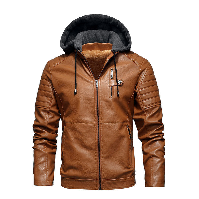 Herr Konstläder Hoodie Blouson med Teddyfoder, Quiltad Ärm Yoke och Huva Lager