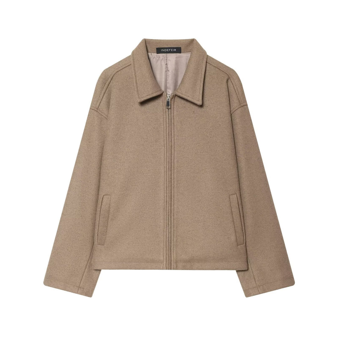 Dam Oversize Ull Blend Boxig Jacka med Full Dragkedja och Side Fickor