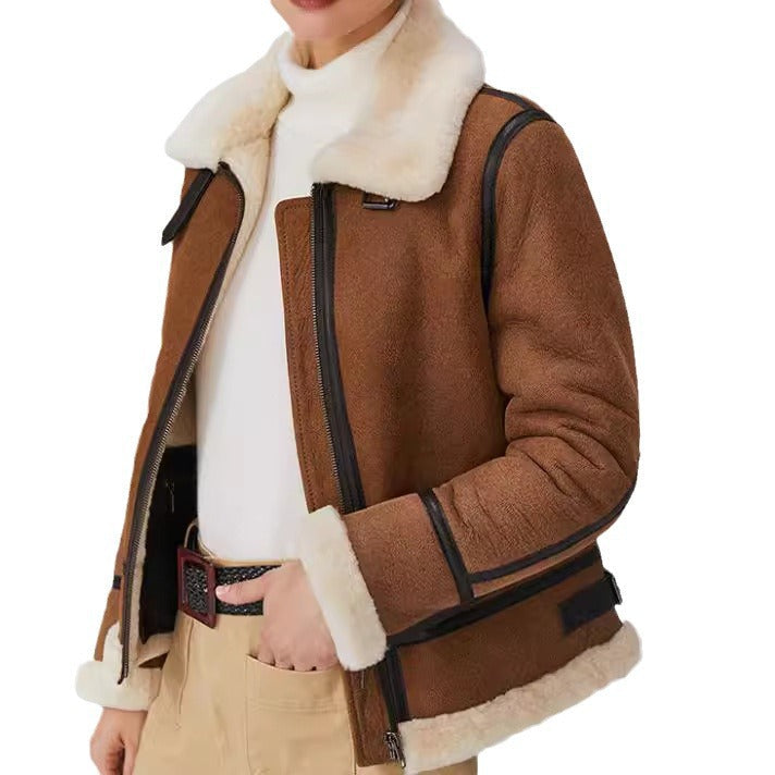 Dam kort skärning Aviator Sheepskin Imitation jacka med teddyfoder och konstläder Trim
