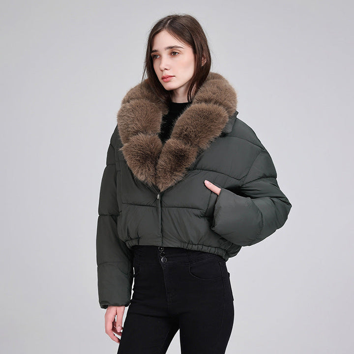 Dam cropped isolation jacka med voluminous faux fur sjalkrage och elastisk fåll