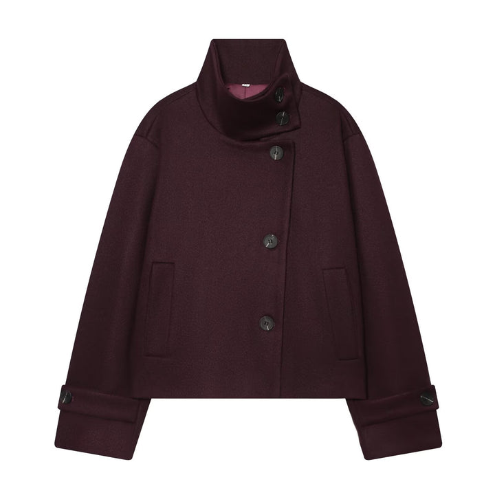Dam Kort Ull Blouson Kappa med Hög Stå Krage och Knapp Knäppning