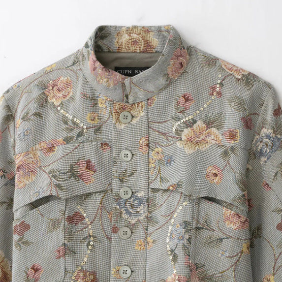 Dam Kort Jacquard Blouson Jacka med Stå Krage, Blommig Jacquard Embroidery och Lock Fickor