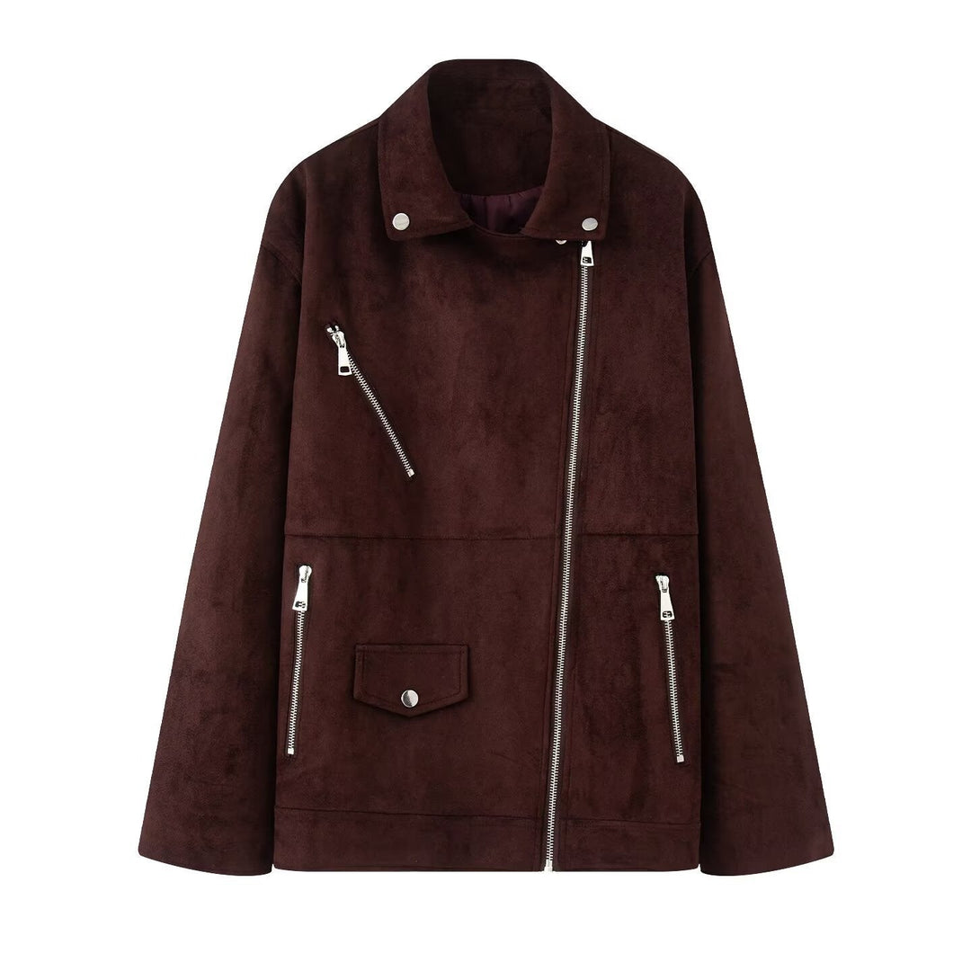Dam lång oversized bikerjacka i velour look med diagonal dragkedja och multiple fickor