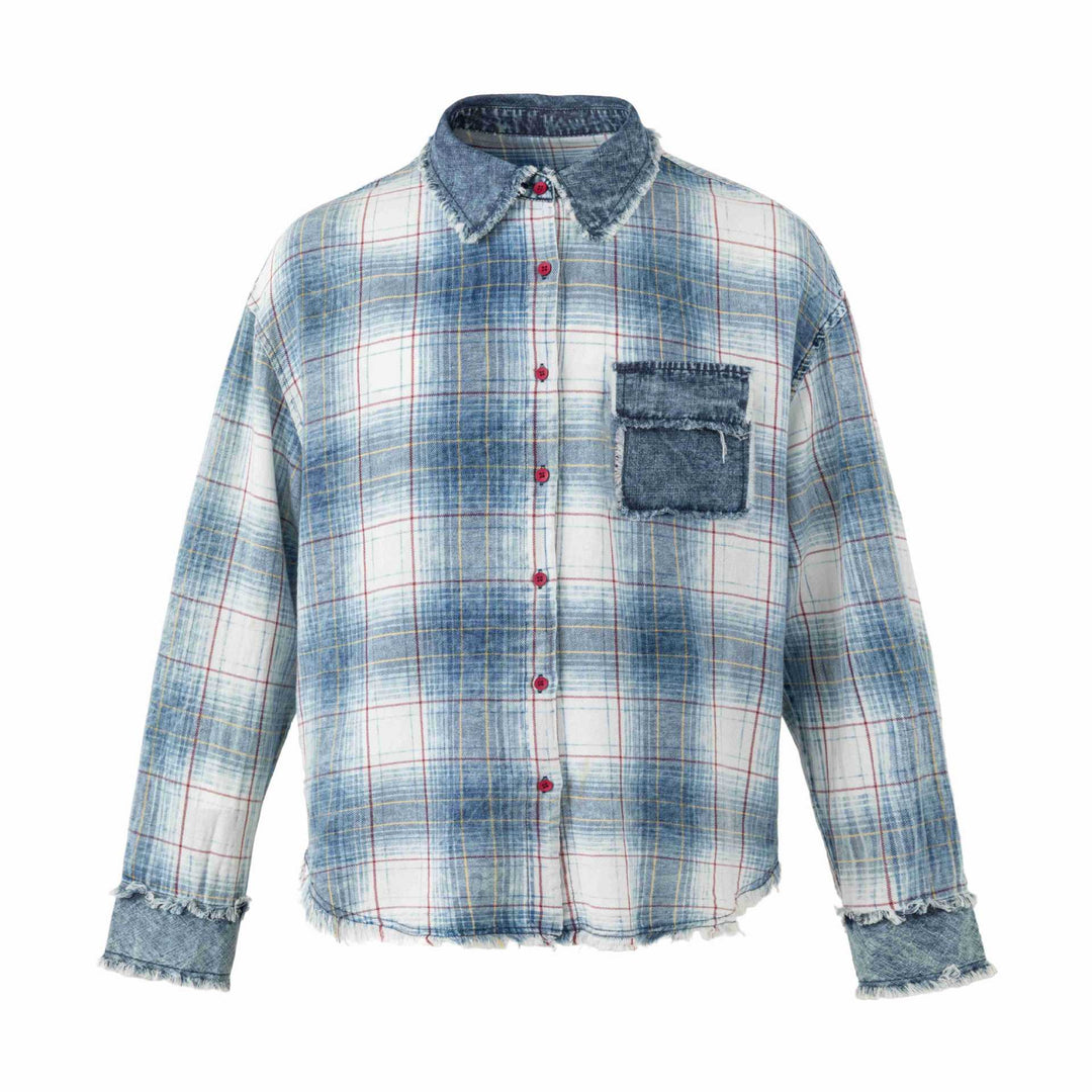 Dam Oversized Rutig Skjorta Jacka med Denim Applications och Frayed Edges