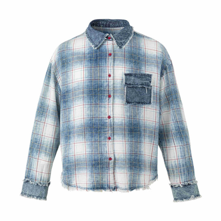 Dam Oversized Rutig Skjorta Jacka med Denim Applications och Frayed Edges