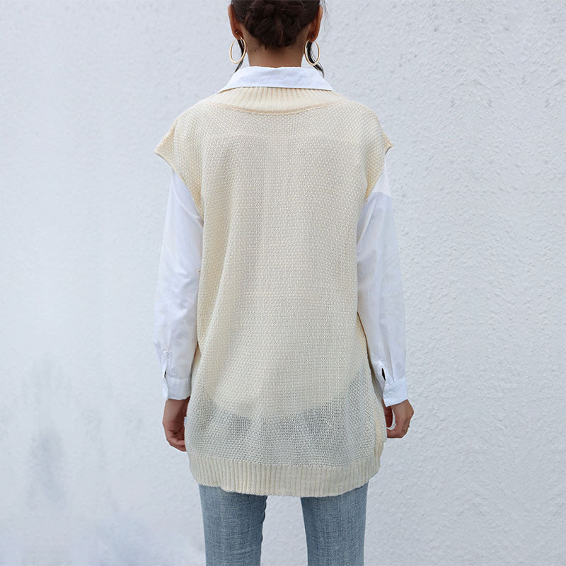 Dam lång stickad väst med Cable mönster och V-Neck