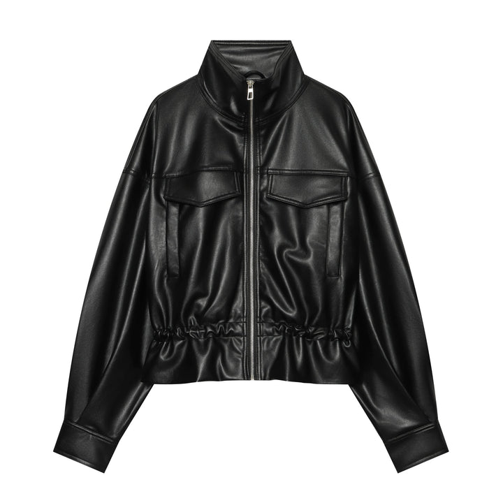 Dam Kort Jacka i Konstläder med Hög Stå Krage, Patch Chest Fickor och Drawstring Waist