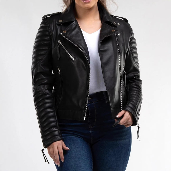 Dam Fashion läder bikerjacka med quiltad detaljer