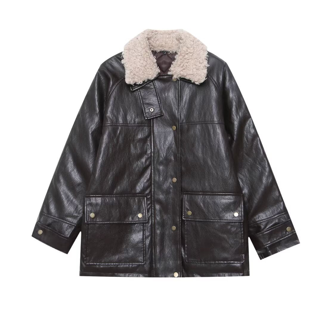 Dam Oversized Konstläder Field Jacka med Detachable Teddy Krage och Lockfickor