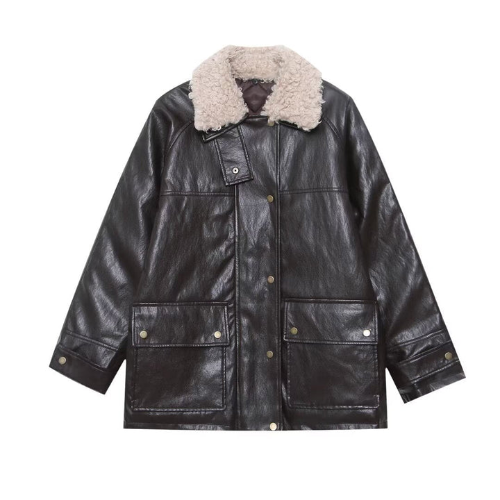 Dam Oversized Konstläder Field Jacka med Detachable Teddy Krage och Lockfickor