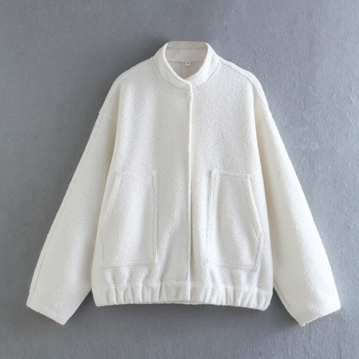 Dam boxy ullblandning blouson med ståkrage, concealed front placket, sidofickor och elastisk fåll