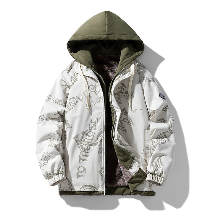 Herr Two-Layer Luvtröja med Fleece Foder och Allover Sketch Tryck