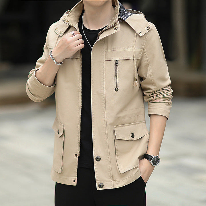 Herr Lätt Canvas Parka i Fält Stil med Huva och Multifunctional Fickor
