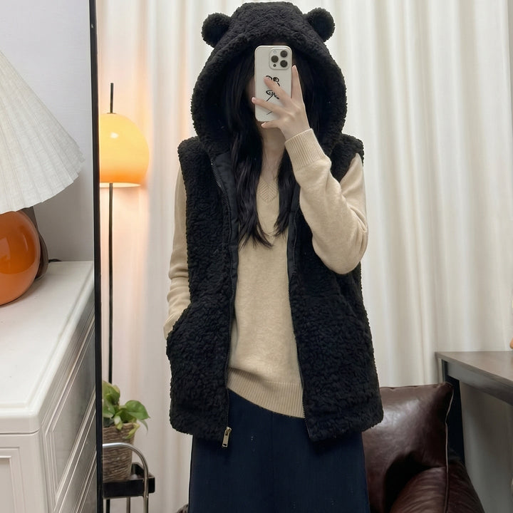 Dam cozy teddy väst med huva och dragkedja