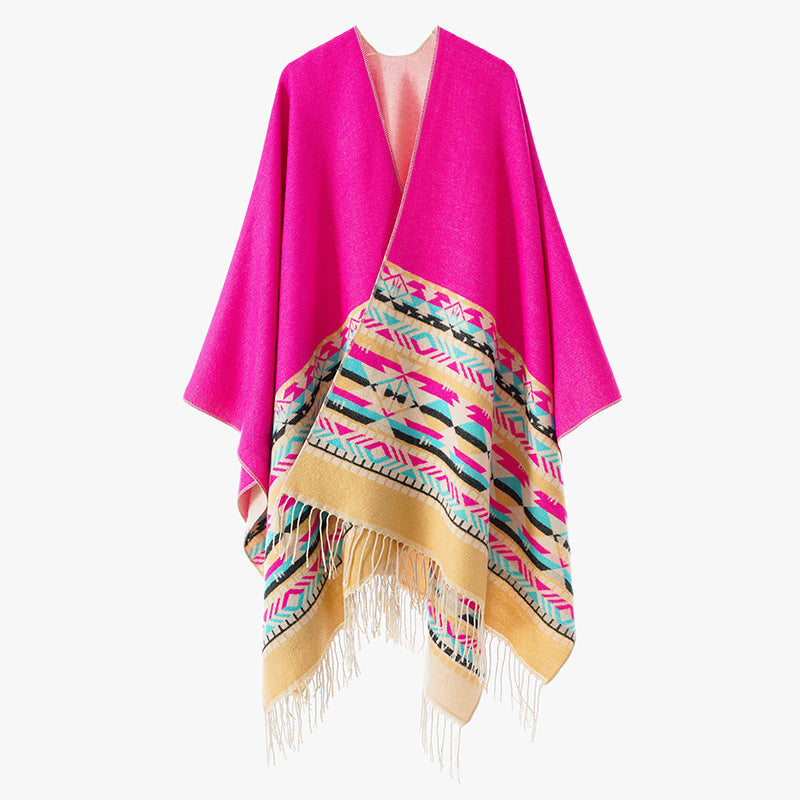 Dam V-krage Wrap poncho i kimono stil med Ethno kant och fransfåll