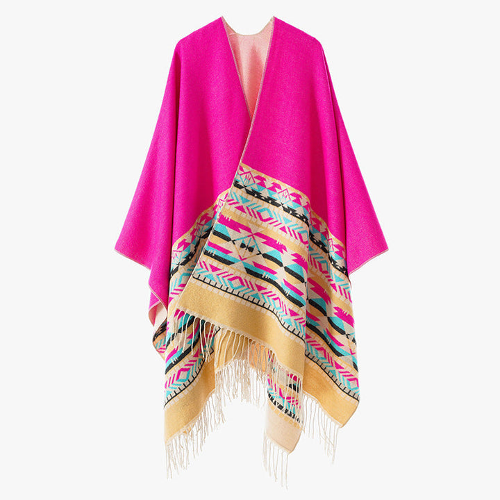 Dam V-krage Wrap poncho i kimono stil med Ethno kant och fransfåll