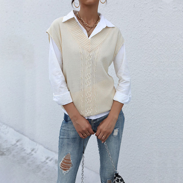 Dam lång stickad väst med Cable mönster och V-Neck