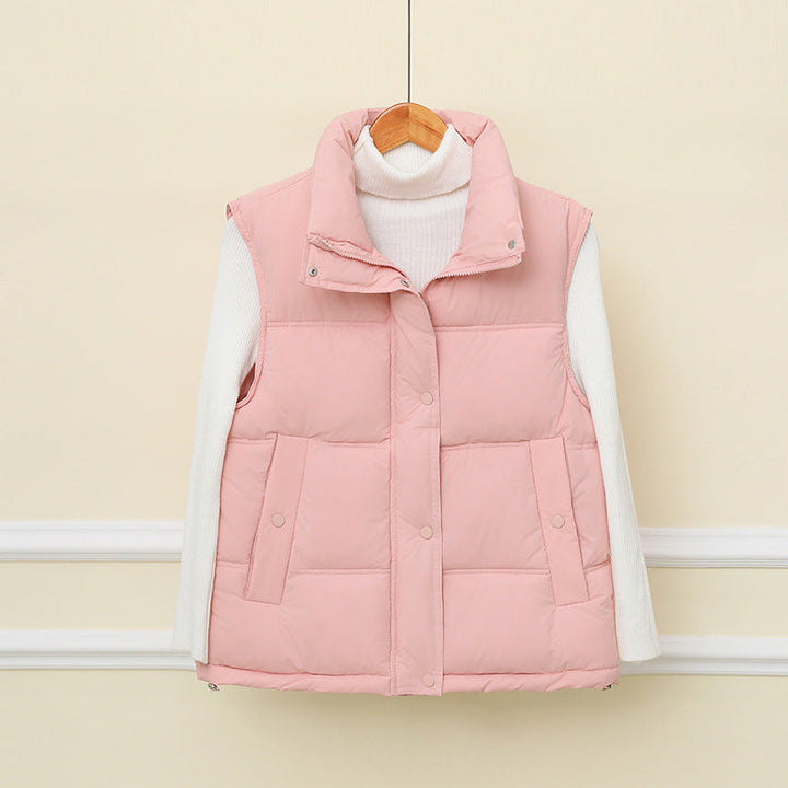Dam non-vadderad sleeveless thermo quiltad väst med extra high standing krage och concealed snap knäppning