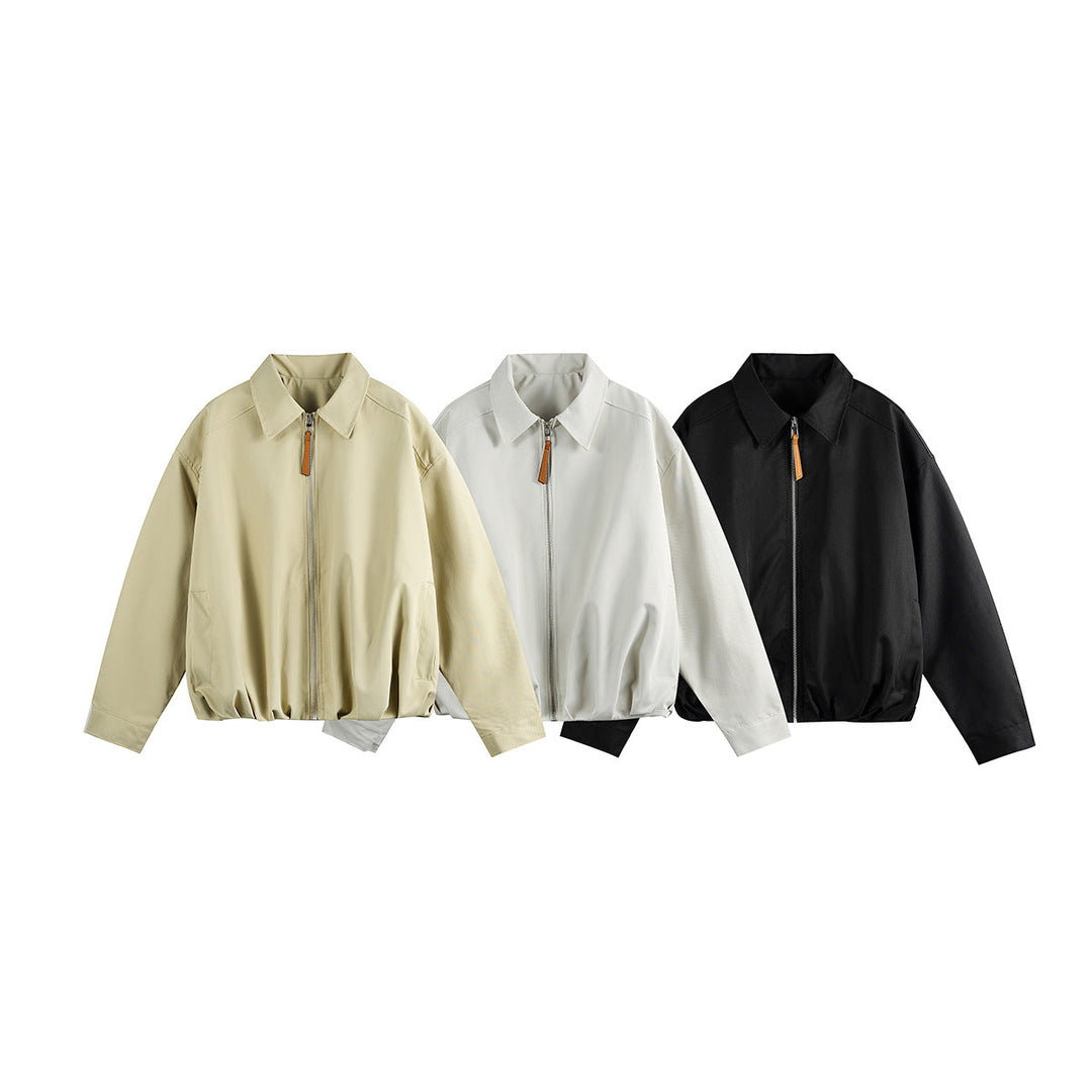 Unisex Kort Blouson i Boxig Skärning med Skjortkrage och Gathered Fåll