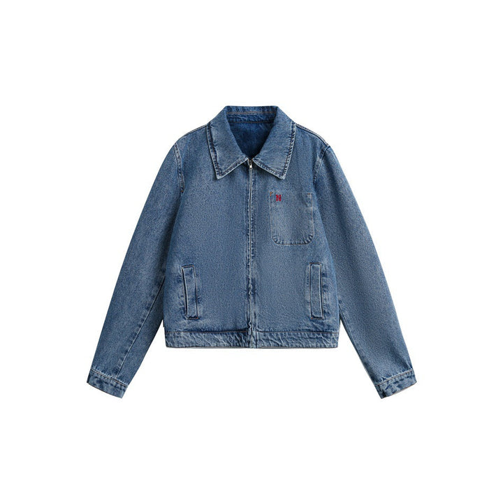 Dam Kort Oversized Denim Jacka med Hel Dragkedja och Bröstficka