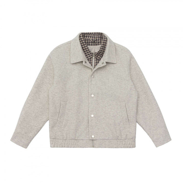 Herr short-cut ullblandning fältjacka med plaid innerfoder och tryckknapp knäppslå