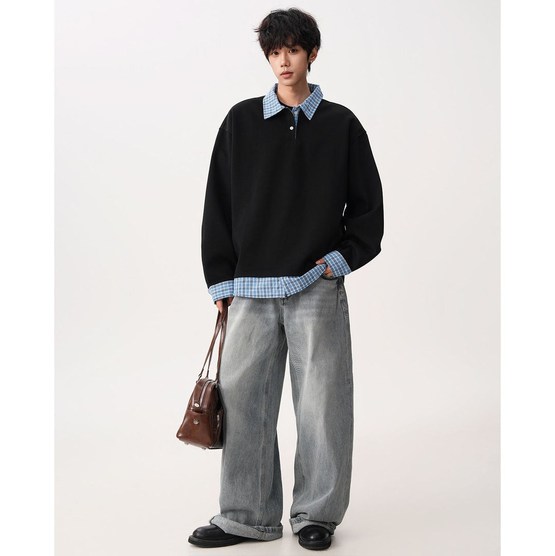 Herr Avslappnad Passform Pullover med Removable Skjortkrage