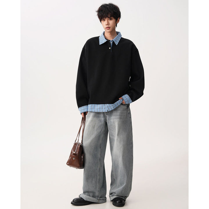 Herr Avslappnad Passform Pullover med Removable Skjortkrage