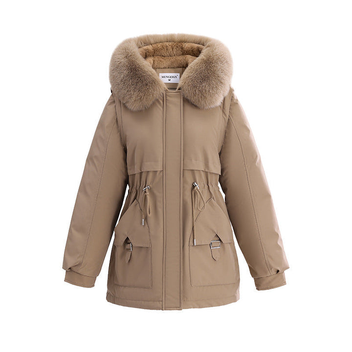 Dam mysig kort parka med extra bred pälskrage, adjustable waist drawstring och cargo fickor