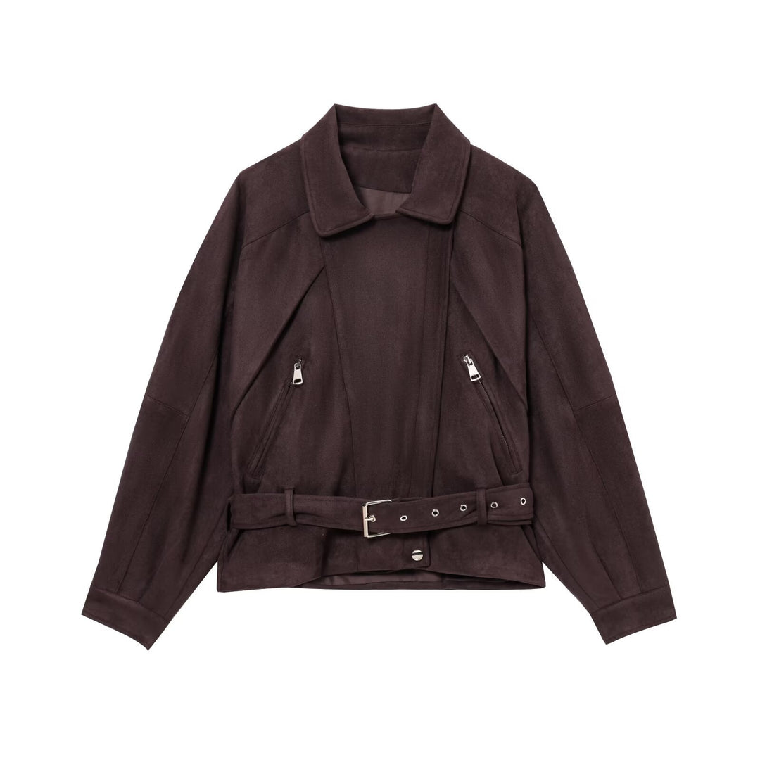 Dam kort jacka gjord sammet imitation med a midjebälte, boxig skärning, och zippered fickor