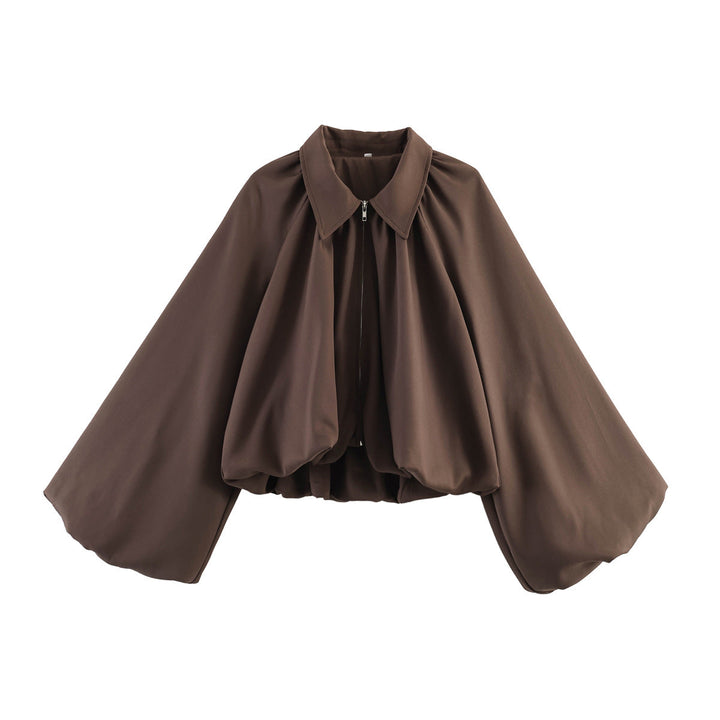 Dam Kort Cape Jacka med Voluminous Balloon Ärmar, Stå Krage och Dragkedja