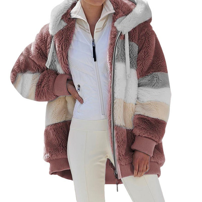 Dam oversized faux fur patchwork hooded jacka med ribbstickade muddar och two-way dragkedja