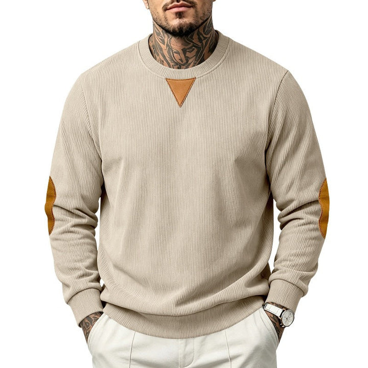Herr College-Tröja med Textured Stickad, Elbow Lappar och Round Neckline