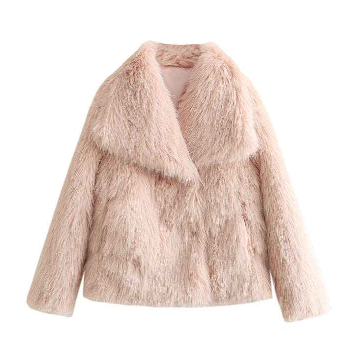 Dam Kort Skärning Vegansk Faux Fur Jacka med Wide Shawl Krage