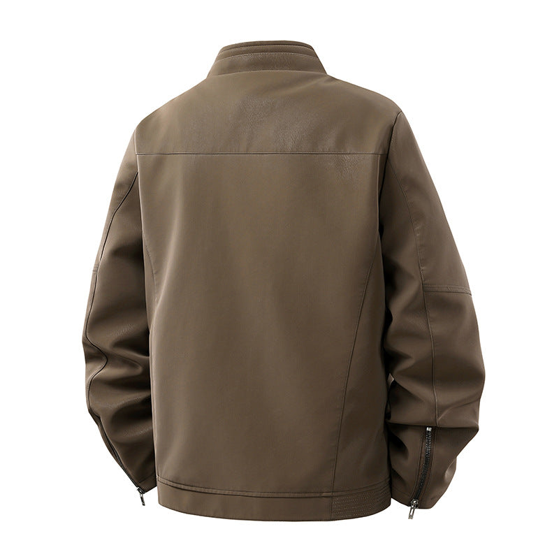 Herr Avslappnad Leather-Look Blouson med Stående Krage och Dold Dragkedja