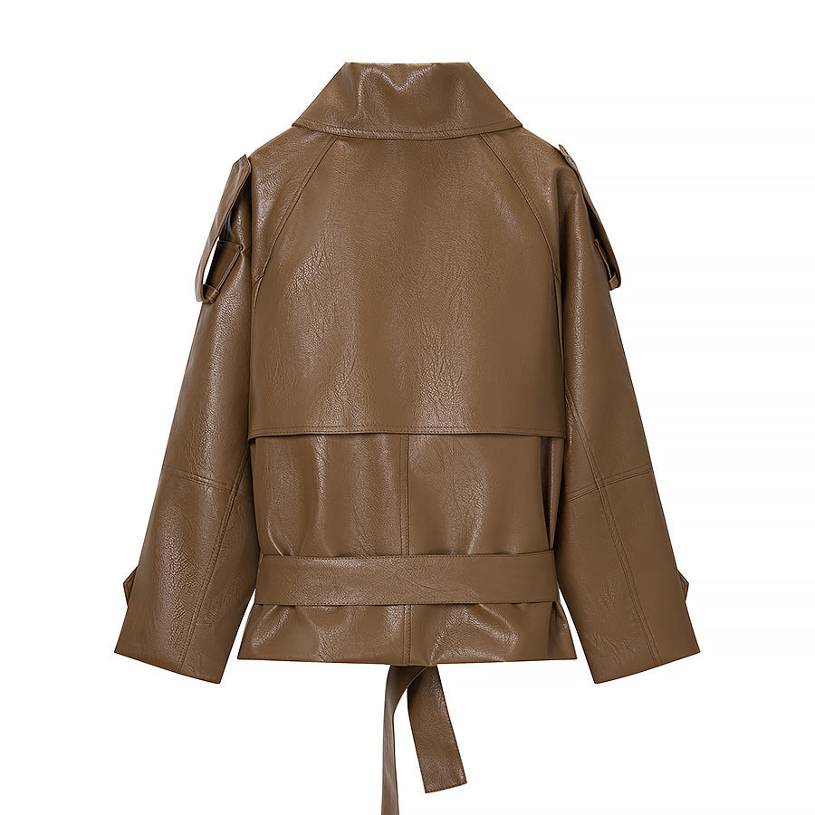 Dam kort skärning konstläder trenchcoat med knytband och Shoulder Straps