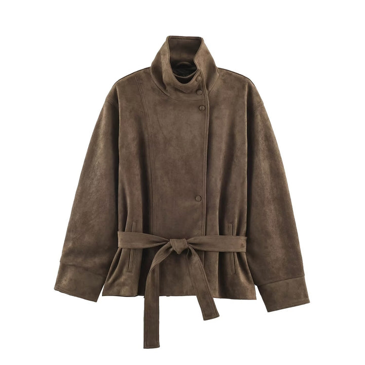 Dam Kort Jacka Tillverkad av Suede Look med Stå Krage och Tie Belt