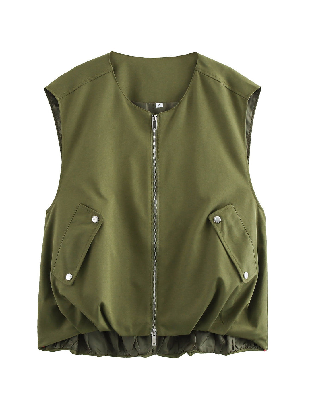 Dam figursydd sleeveless utilityväst med hel dragkedja, patch snap-button fickor, och elastisk fåll