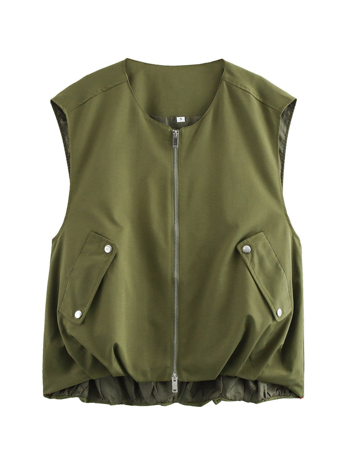 Dam figursydd sleeveless utilityväst med hel dragkedja, patch snap-button fickor, och elastisk fåll